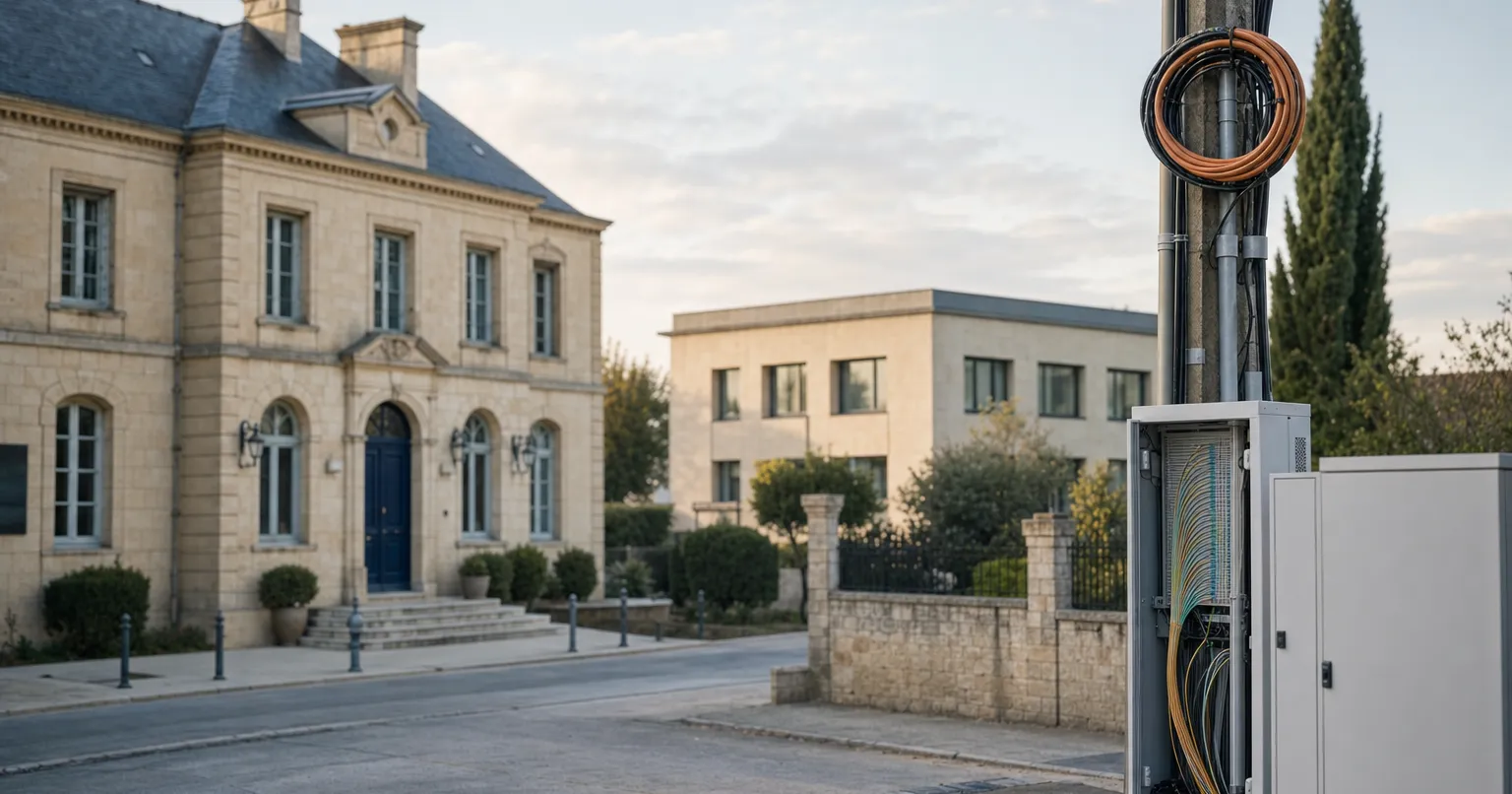 Rue calme d'une commune avec anciens câbles téléphoniques cuivre et armoire fibre optique moderne au premier plan
