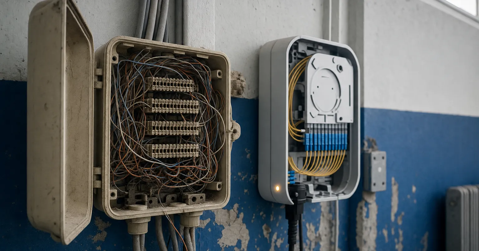 Ancien répartiteur téléphonique en cuivre dans un local technique, à côté d'un boîtier de terminaison fibre optique moderne
